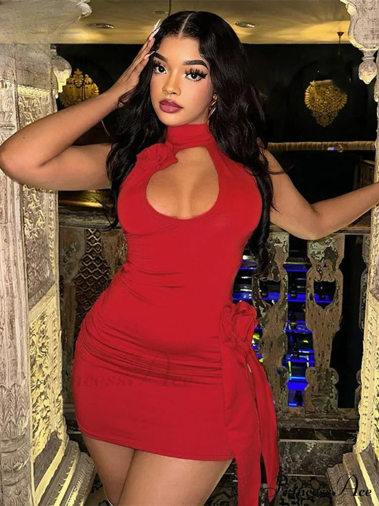 3D Flower Decoration Red Vacation Dresses Sexy Hollow Backless Bodycon Christmas Party Dress - Fashionpara