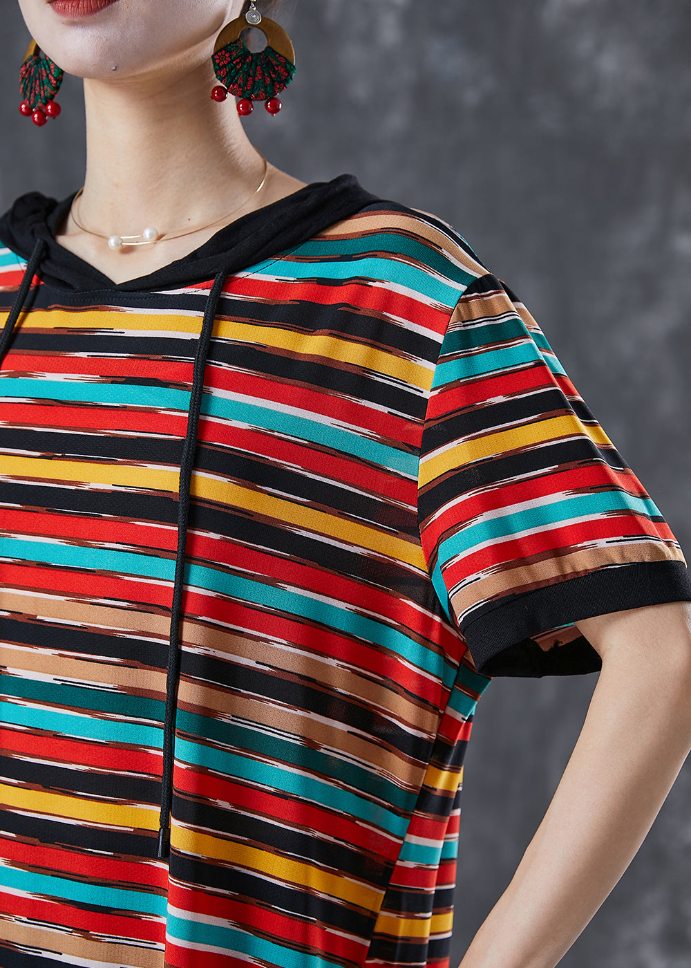 Hooded Short Sleeve Brushstroke Stripe Print Shift Dress - View 5