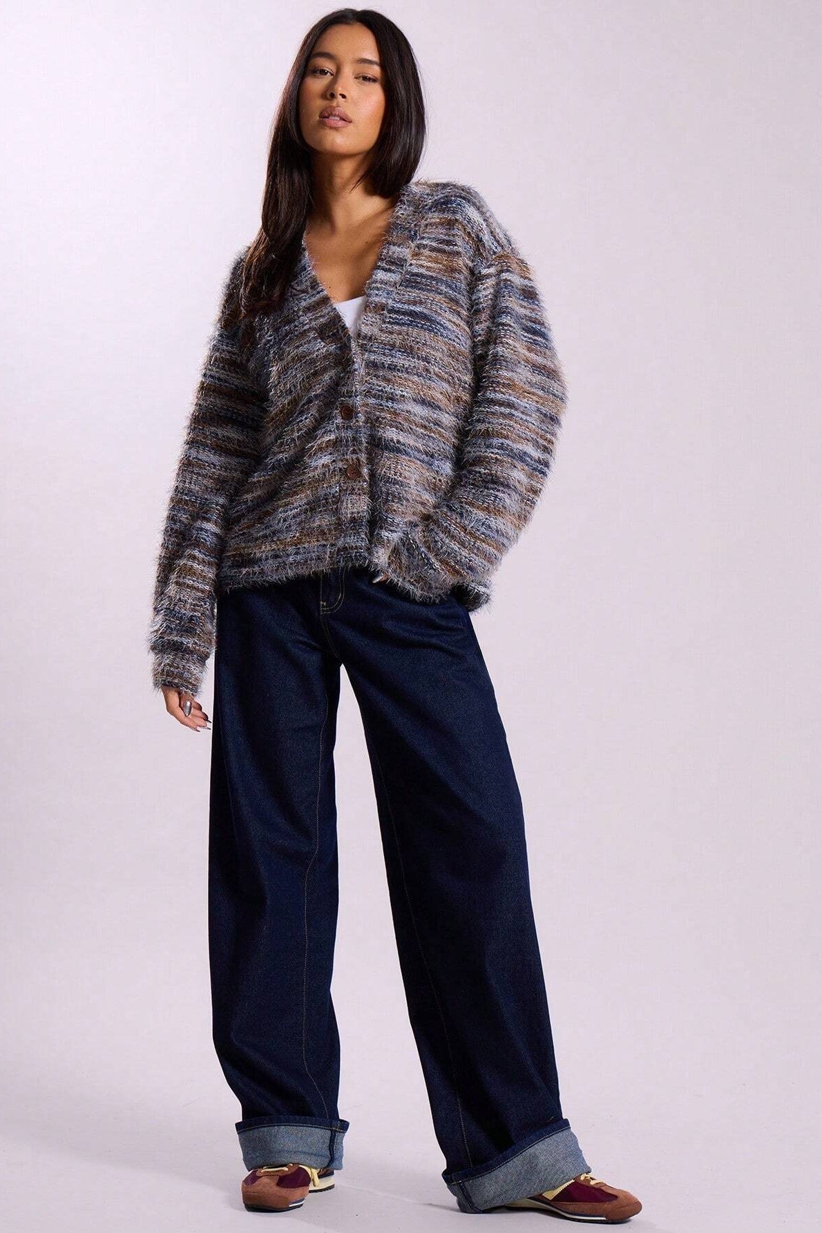 Deep V-Neck Plush Knit Cardigan for Retro Fashion Lovers