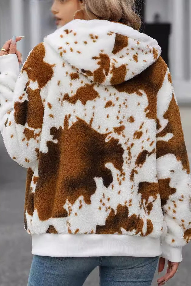 Elegant Hooded Fleece Zip Coat with Charming Prints