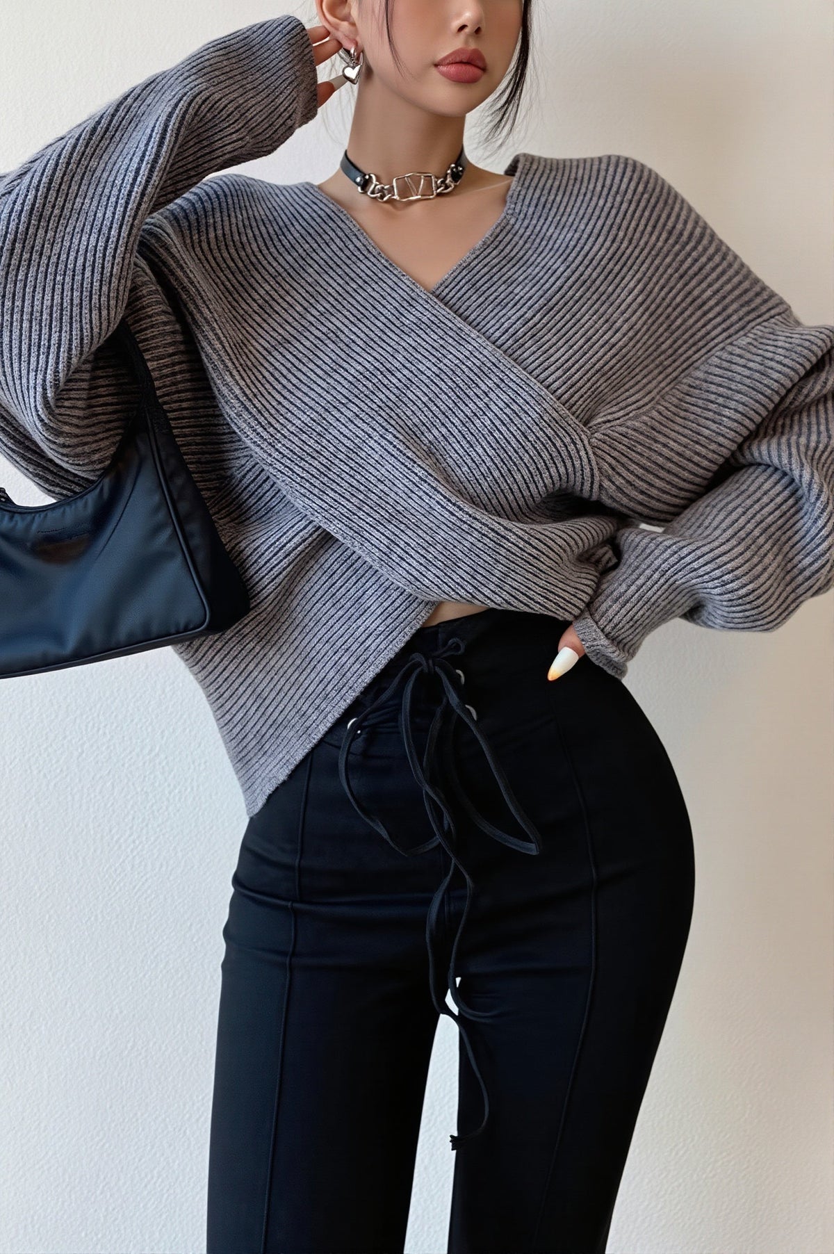 Wrap Front V Neck Relaxed Sweater