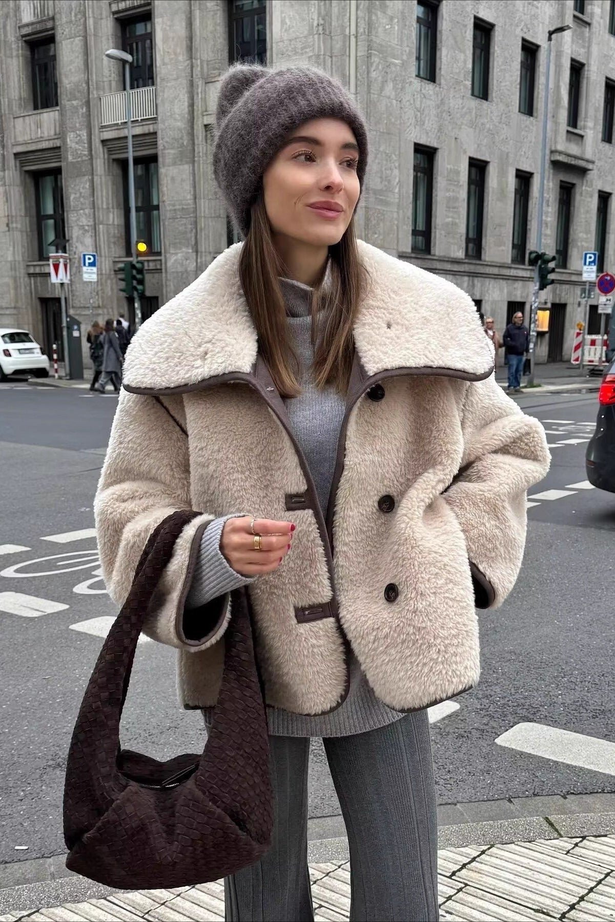 Oversized Sherpa Collar Plush Coat - Fashionpara