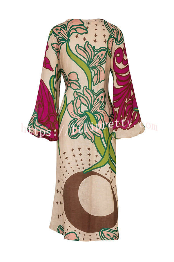 Tracey Linen Blend Unique Print Balloon Sleeve Tie-up Tunic Maxi Dress - Fashionpara
