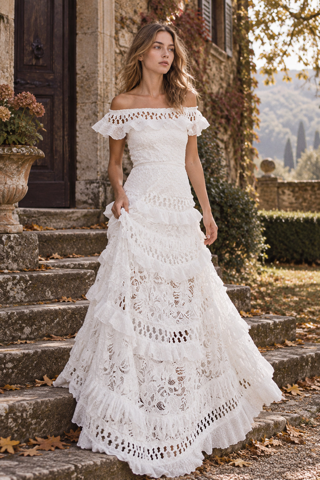 Crochet Lace Off Shoulder Tiered Maxi Gown