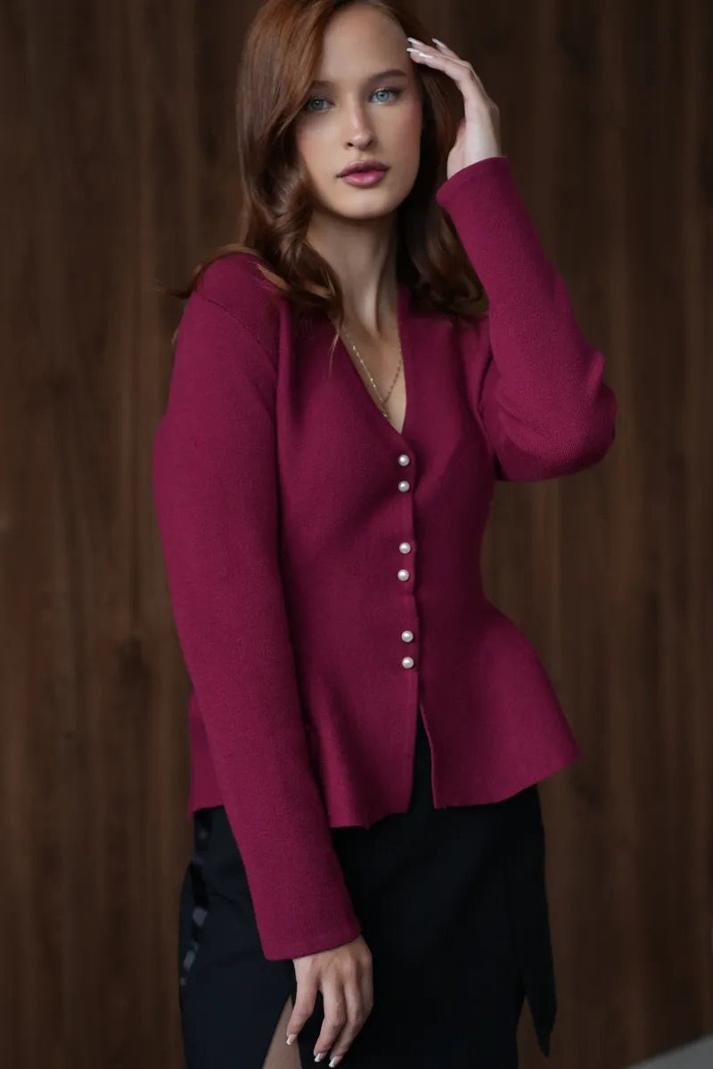 Solid Fitted Ruffled Hem Long Sleeve Knit Cardigan 3