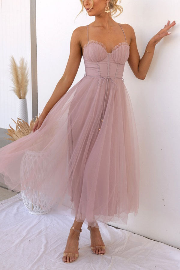 Tulle Corset Bustier Sweetheart Spaghetti Strap Midi Party Dress