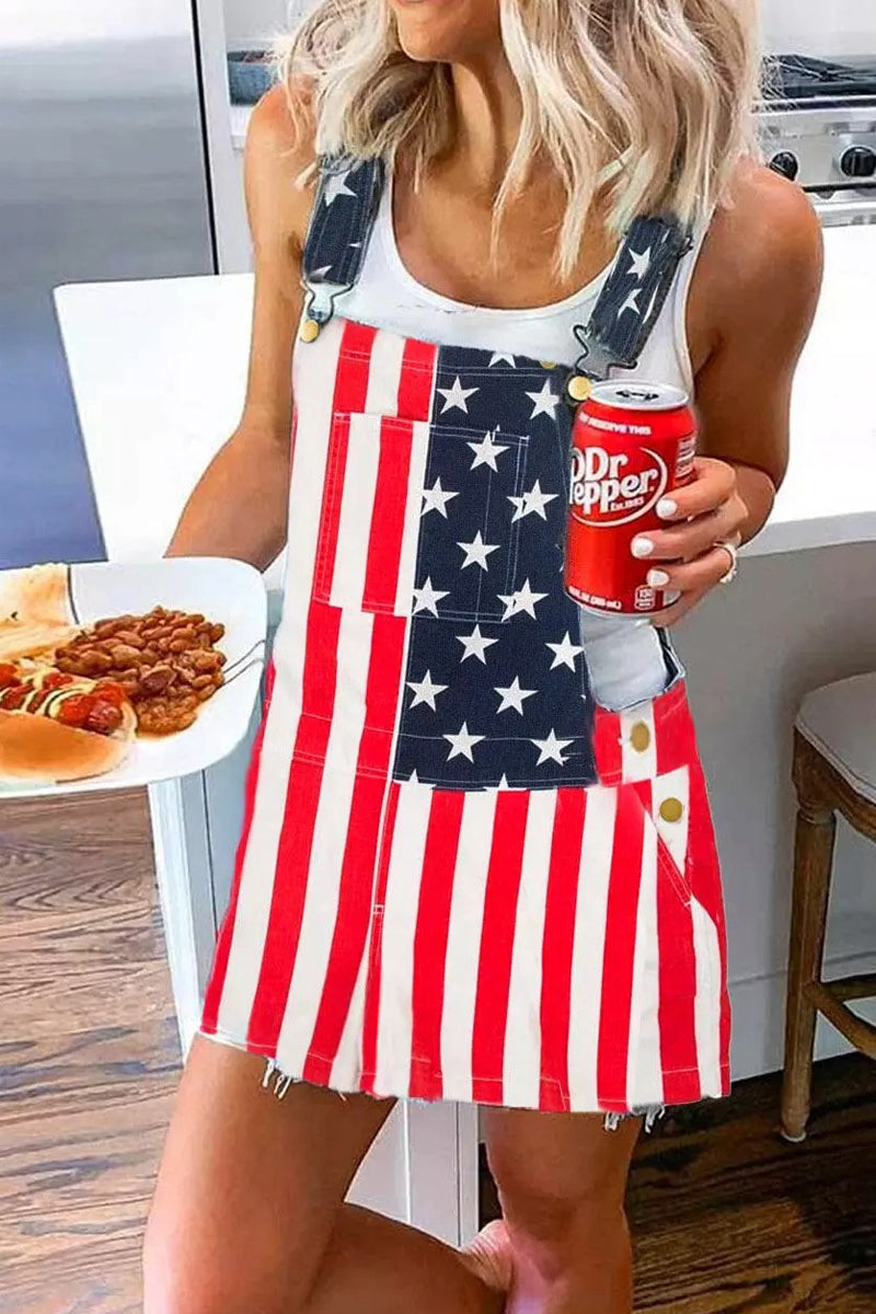 American Flag Star Striped Pocket Overall Mini Dress Fashionpara