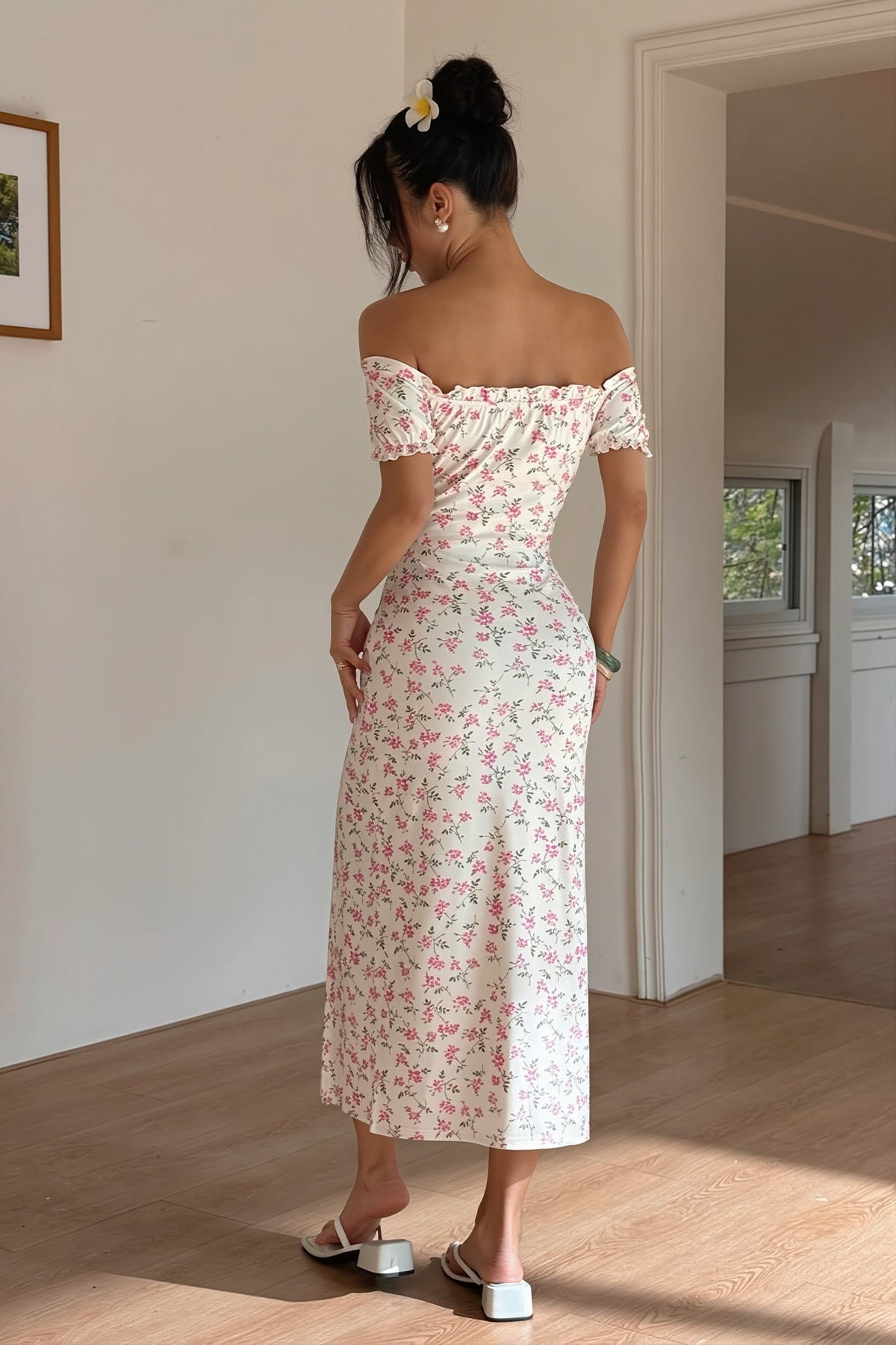 Floral Off Shoulder Puff Sleeve High Split Midi Dress 2