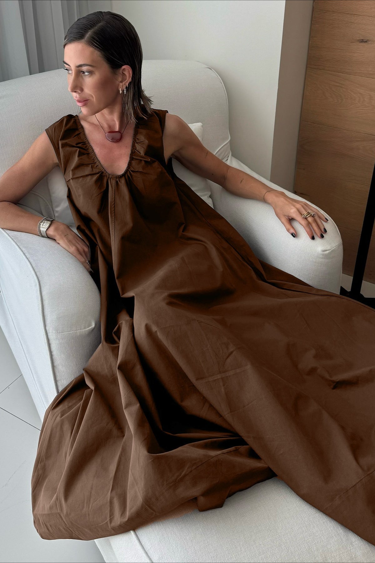 V-Neck Sleeveless Gathered A-Line Maxi Dress 7
