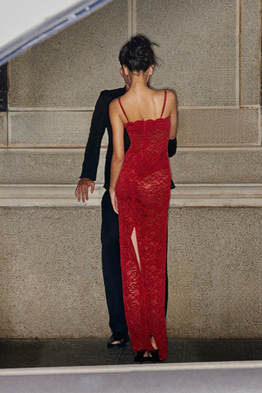 Elegant Red Lace Strapless Cami Bodycon Maxi Dress