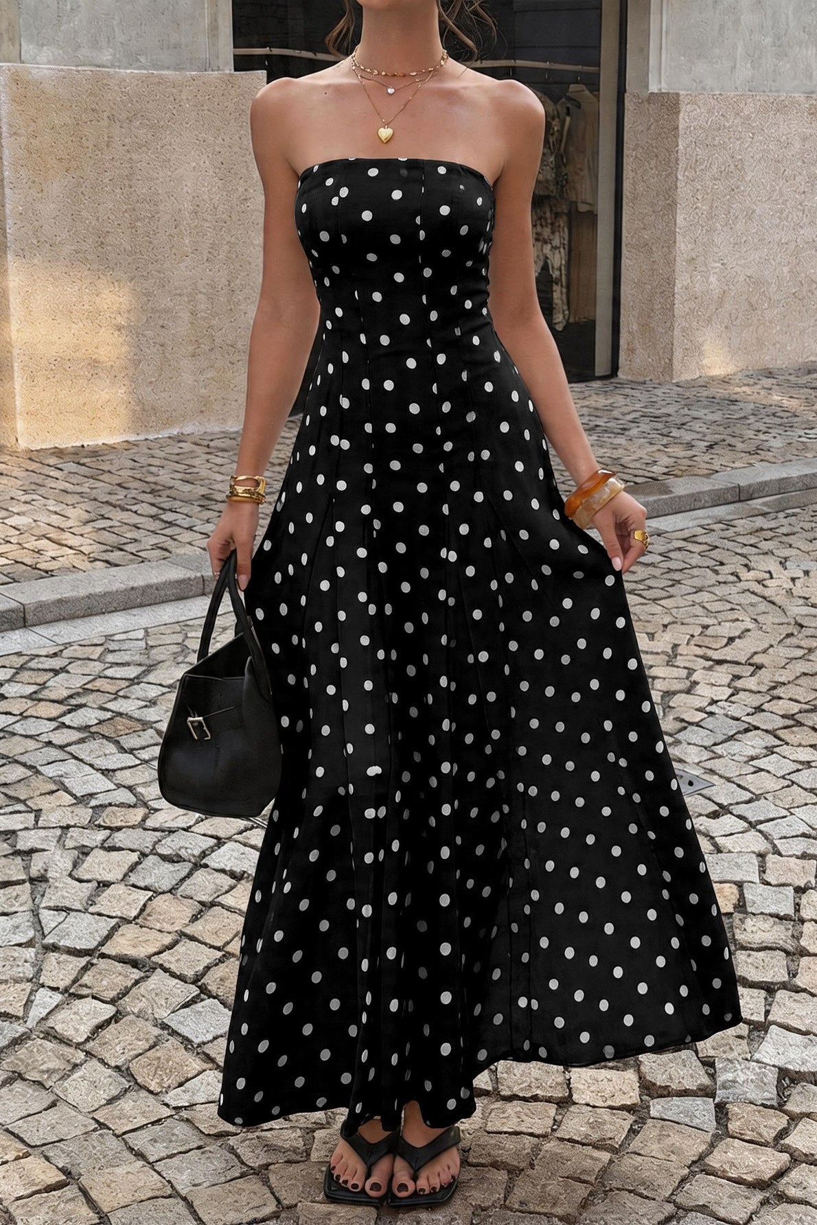 Polka Dot Strapless Pleated High-Slit Maxi Dress 4