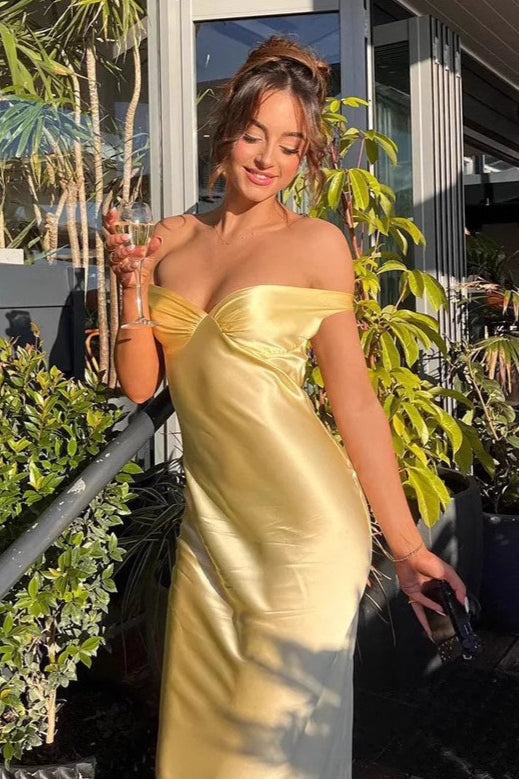 Satin Off Shoulder Ruched Bodycon Maxi Dress