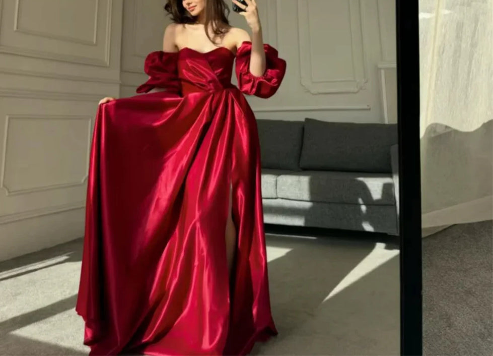 Satin Off Shoulder Puff Sleeve Sweetheart High Split Prom Gown