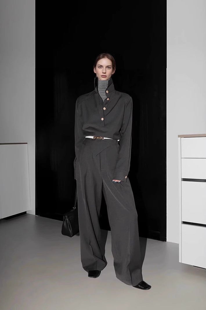 Petite Contrast Elastic Waist Shirt Wide Leg Pants