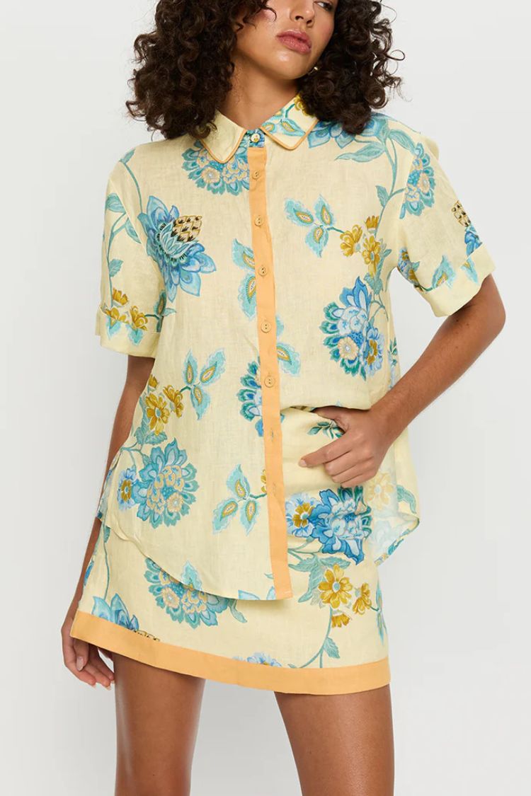 Giselle Linen Blend Floral Print Short Sleeve Shirt and Zipper Mini Skirt Set - Fashionpara