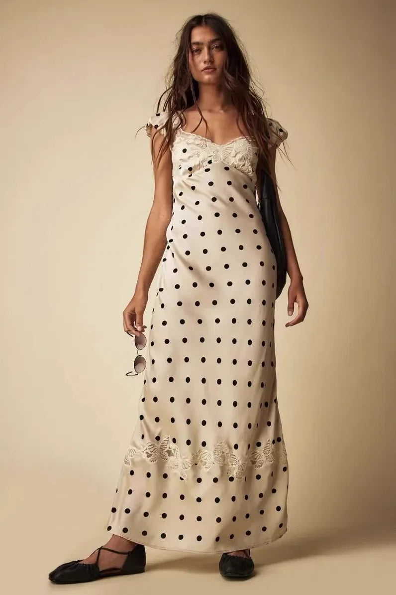 Polka Dot Lace-Trim Cap-Sleeve Satin Slip Maxi Dress