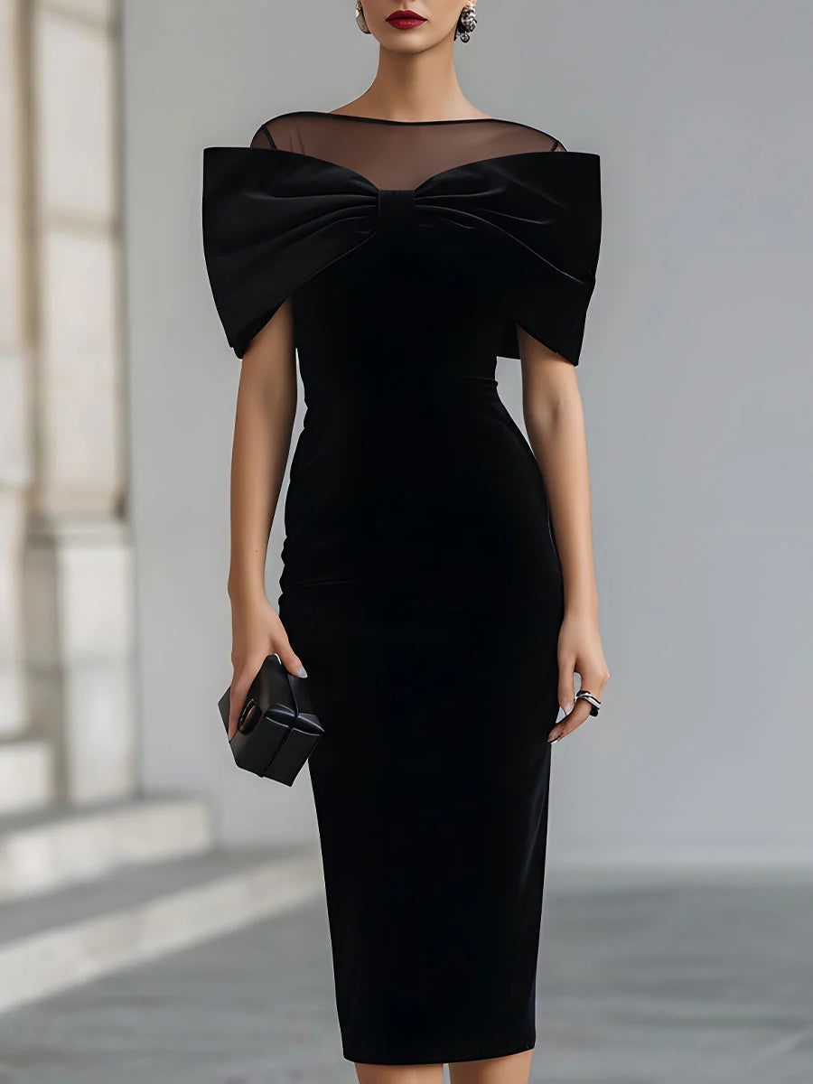 Bow Front Mesh Yoke Velvet Bodycon Midi Dress