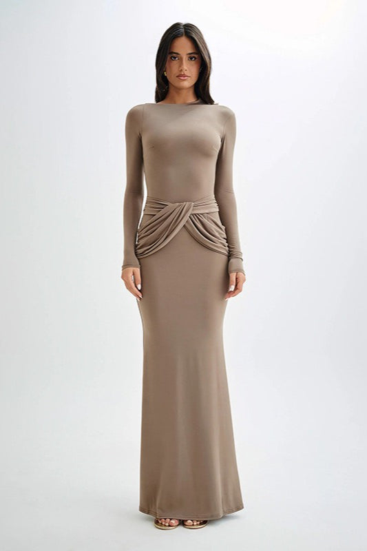 Crew Neck Long Sleeve Ruched-Waist Maxi Dress 3