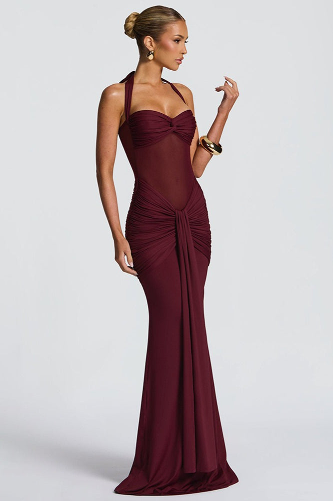 Halter Twist-Front Mesh Panel Ruched Mermaid Gown