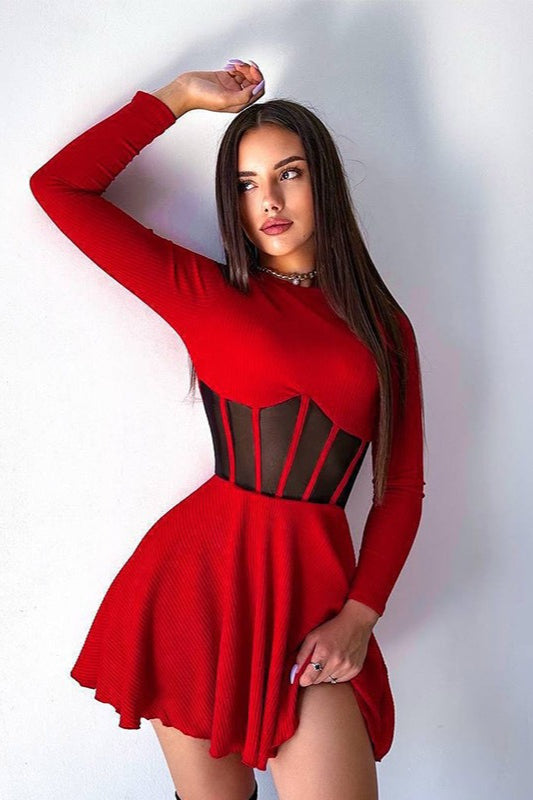 Ribbed High Neck Long Sleeve Mesh Corset Mini Dress 4