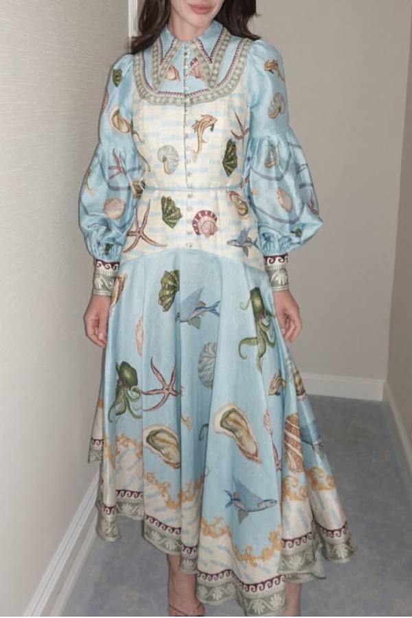 Unique Deep Sea Floral Print Single Breasted Midi Dress - Fashionpara