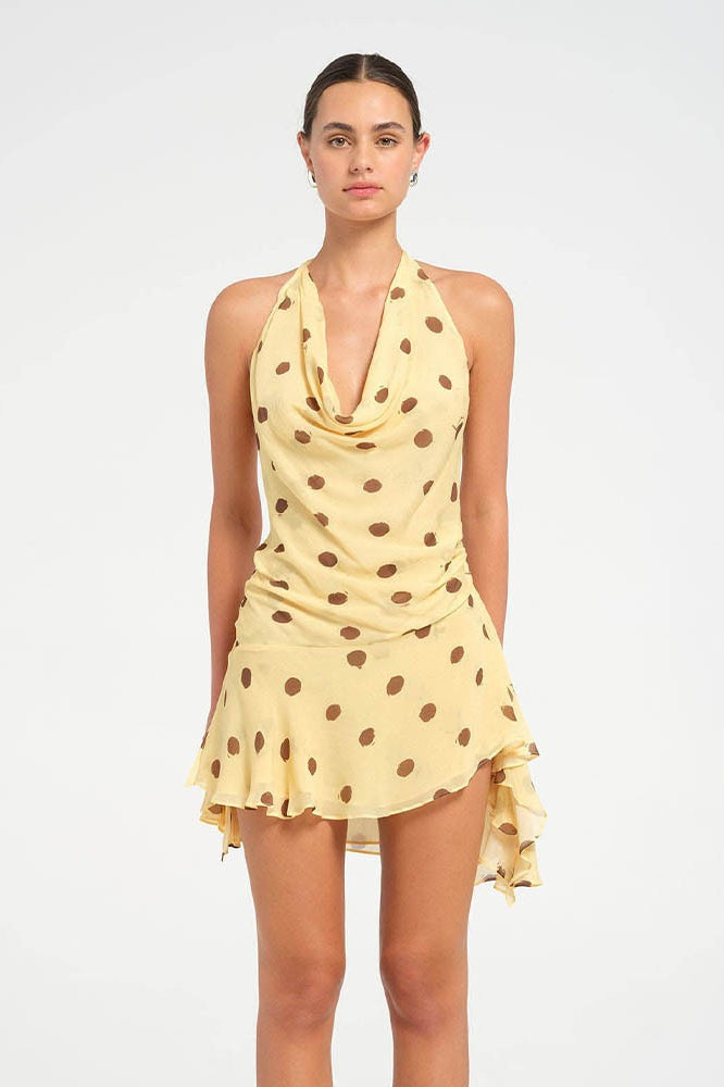 Polka Dot Chiffon Halter Deep V-Neck Ruffle Hem Mini Dress - View 4