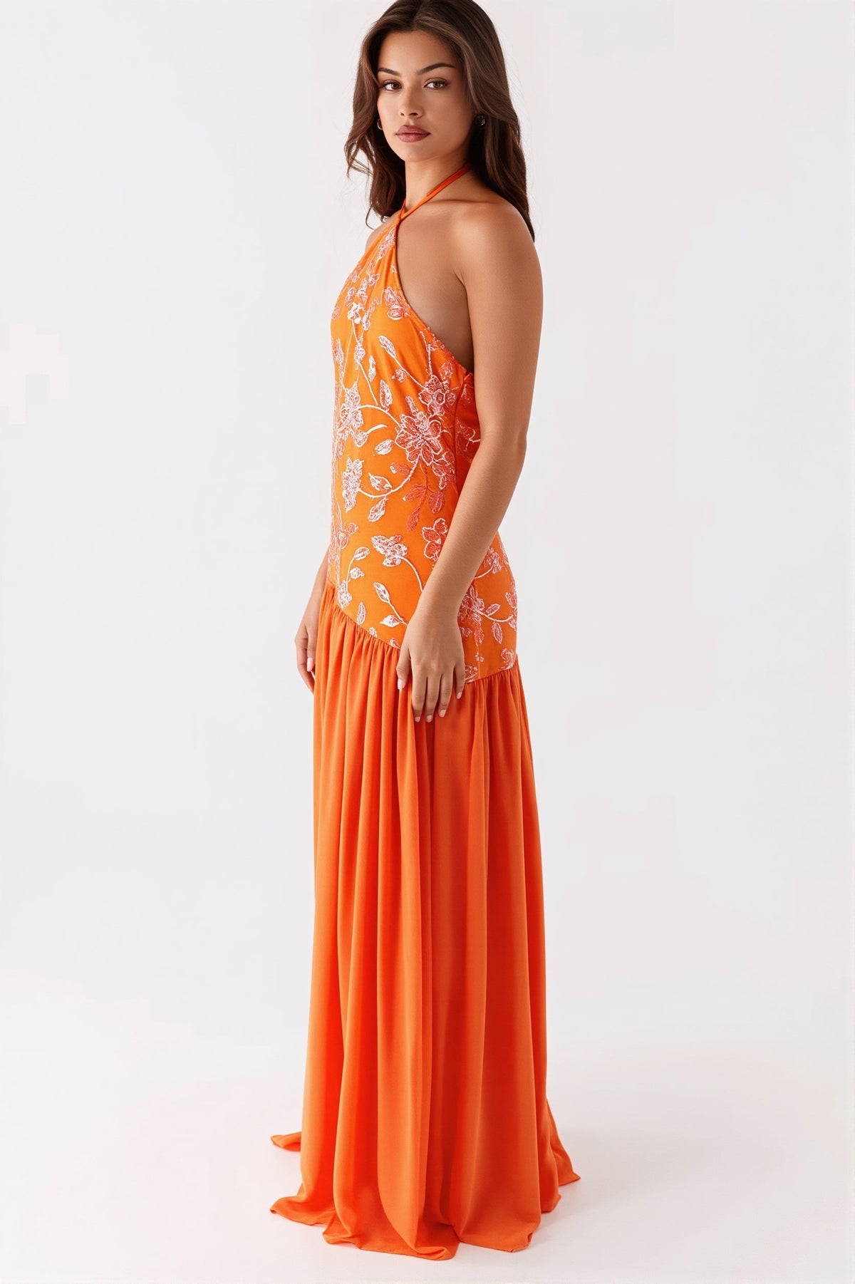 Floral Sequin Halter Neck Drop Waist Maxi Gown