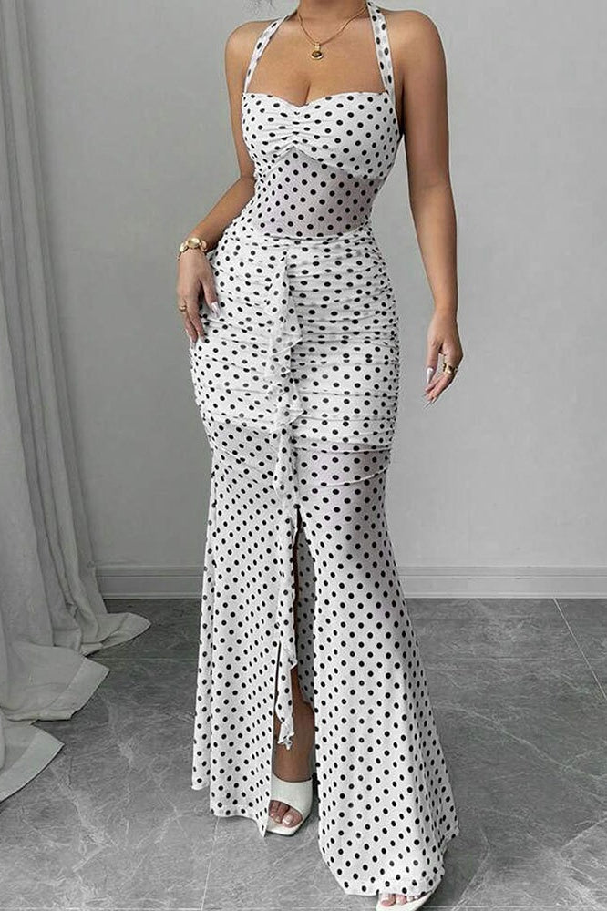 Polka Dot Backless Cami Mesh Maxi Dress