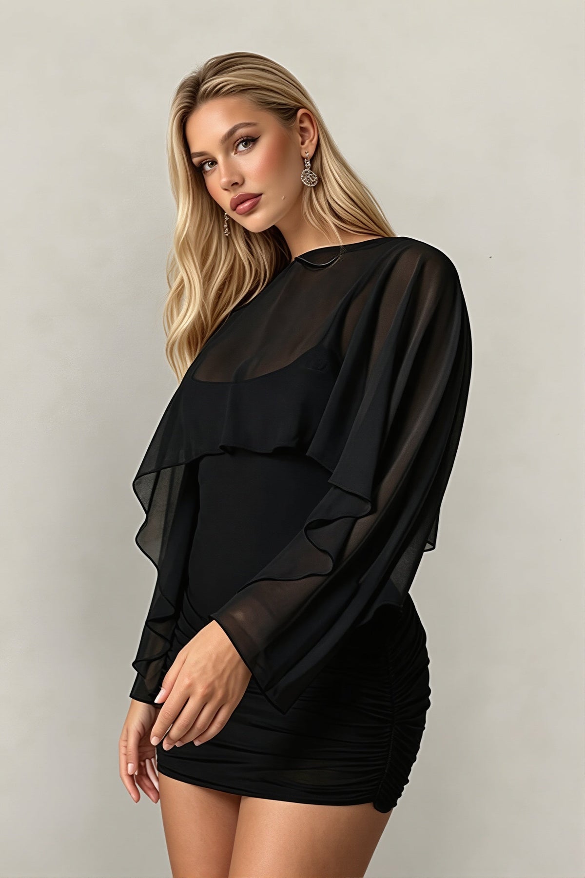 Mesh Cape Sleeve Ruched Bodycon Mini Dress 7