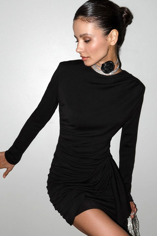 High Neck Long Sleeve Ruched Draped Bodycon Mini Dress - View 4