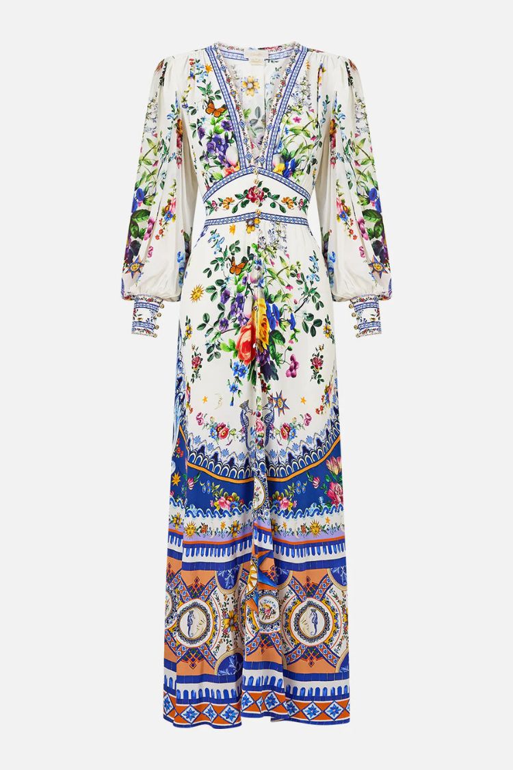 Printed V-neck Long-sleeved Puff Sleeve Waist Maxi Dress - Fashionpara