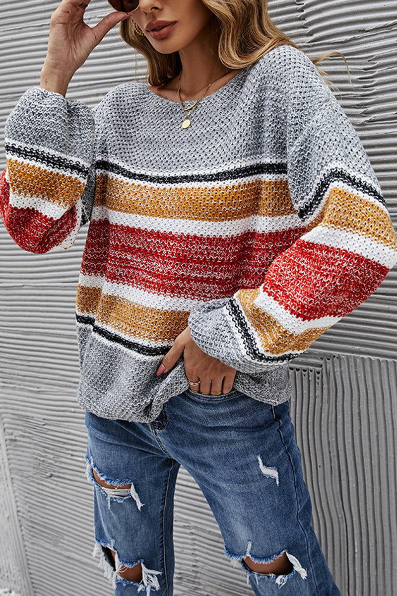 Uniqshe Off Shoulder Striped Lantern Sleeve Sweater