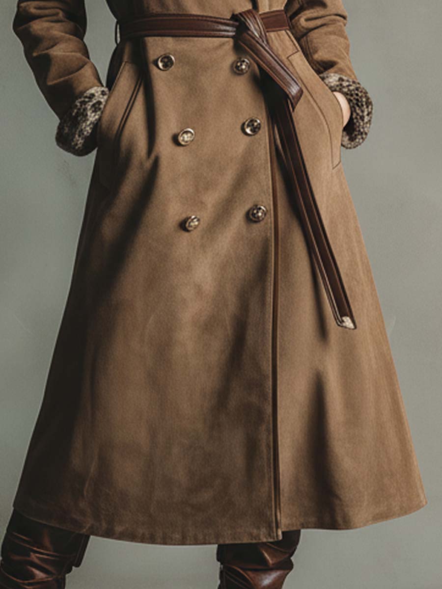 Camel Eco-Suede Trench Coat With Leopard Faux Fur Collar And Printed Lining