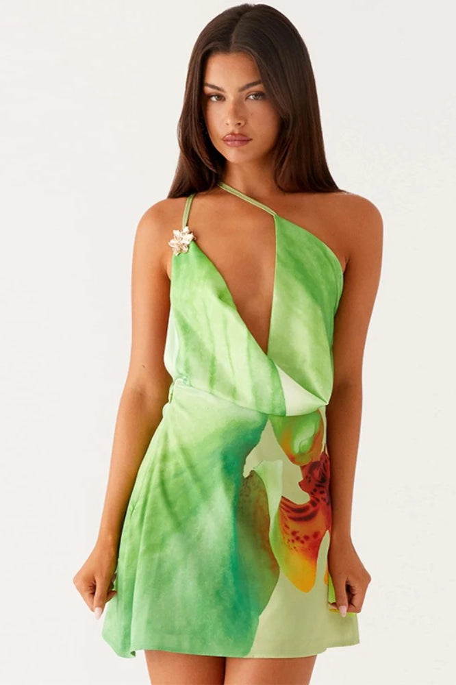 Abstract Print Halter Neck Plunge Satin Mini Dress
