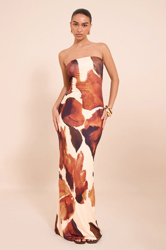 Abstract Print Strapless Bodycon Maxi Dress