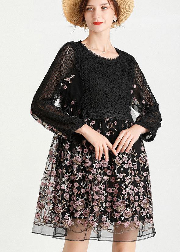Lace Bodice Floral Embroidered Mesh Long Sleeve Mini Dress