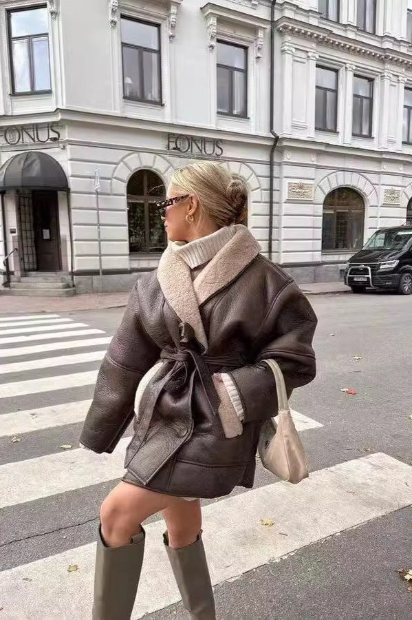 Tie Waist Padded Faux Leather Coat
