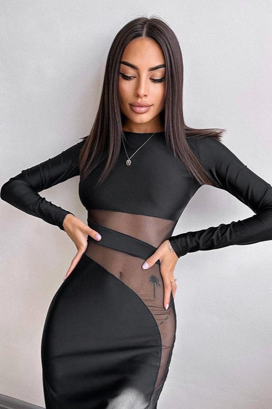 Mesh Cut Out Long Sleeve Bodycon Midi Dress 4