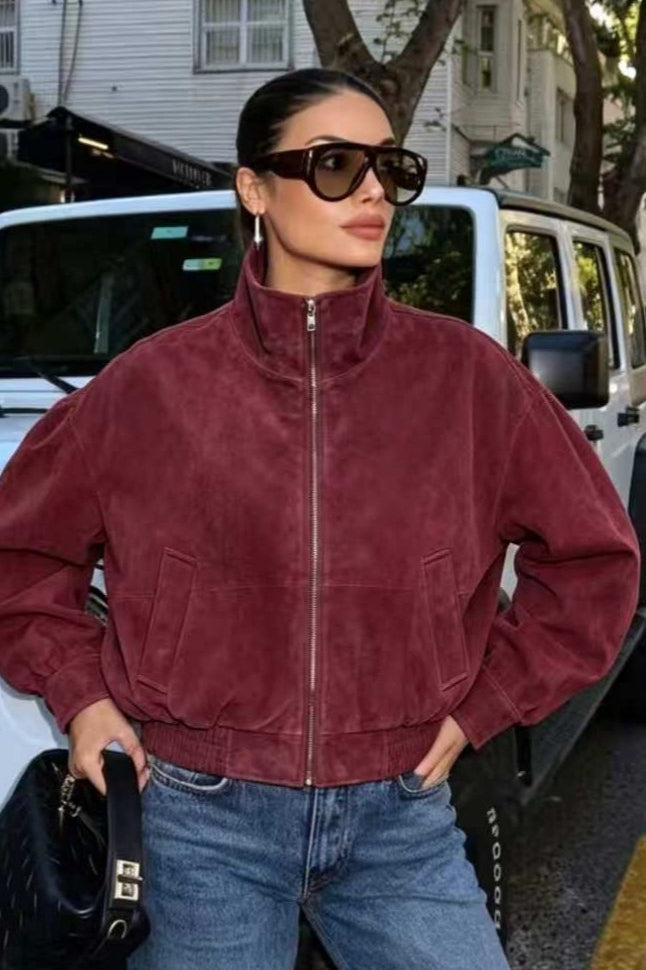 Burgundy Stand Collar Zip Jacket 2
