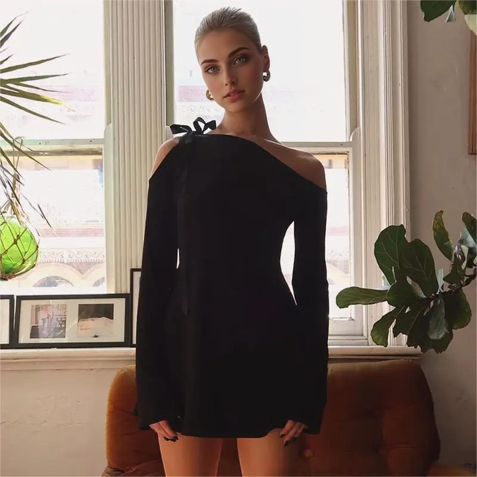 One-shoulder Lace-up Ruffled Buttock Bag Maxi Mini Dress