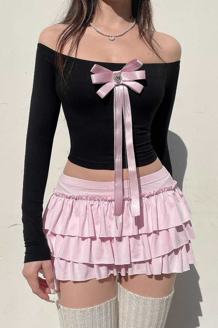 Low-Rise Pleated Denim Mini Skort
