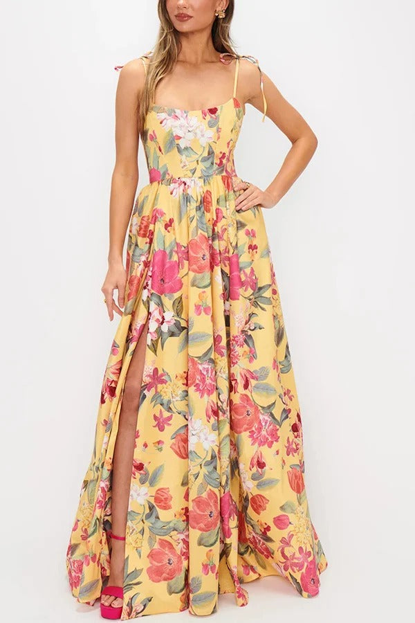 Garden Wedding Floral Print Back Tie-up Pocketed Slit Maxi Dress - Fashionpara