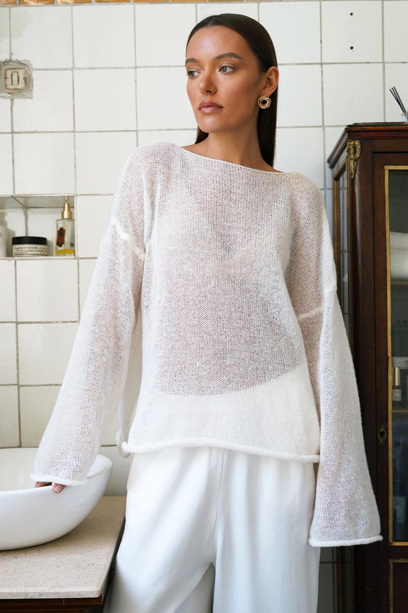 Solid Sheer Cutout Knit Casual Blouse