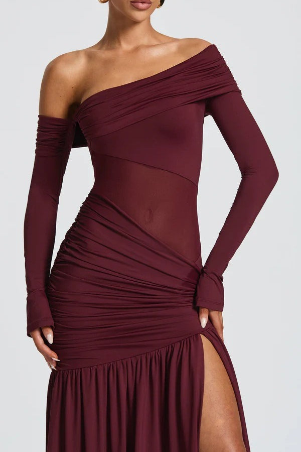 Off Shoulder Long Sleeve Ruched High Split Mermaid Gown - View 2