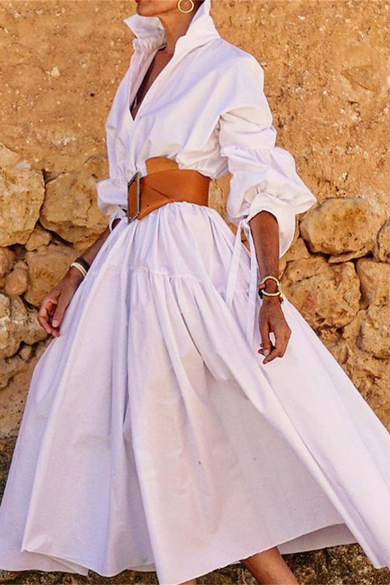 Temperament Lapel Long Sleeve Casual Long Dress - Fashionpara