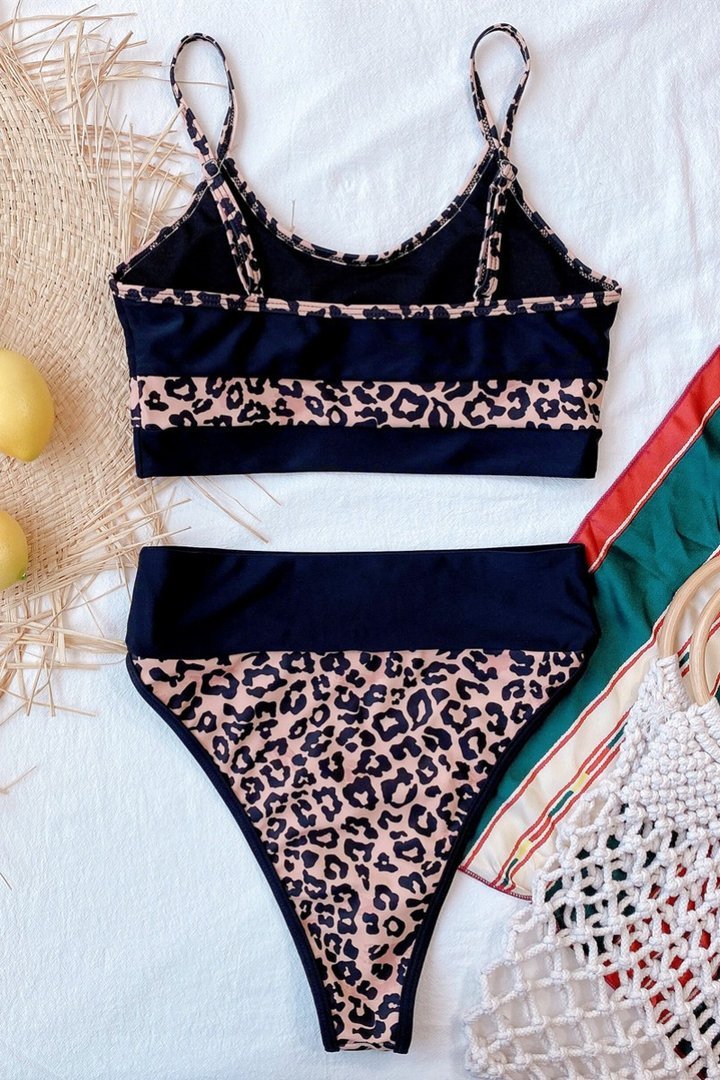 Bandeau Leopard Printed Patchwork Bikini Set - Fashionpara