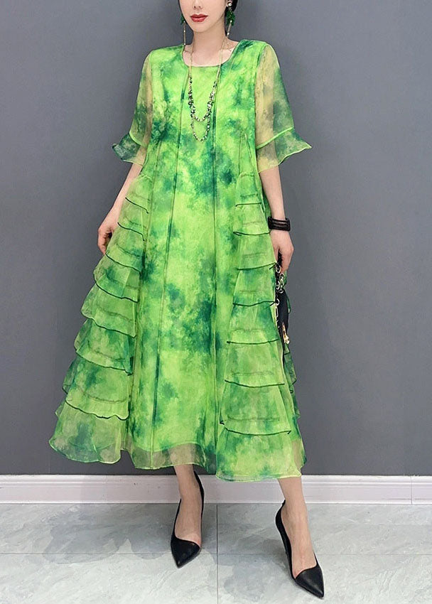 Tie Dye Round Neck Ruffle Sleeve Tiered Ruffle Chiffon Midi Dress