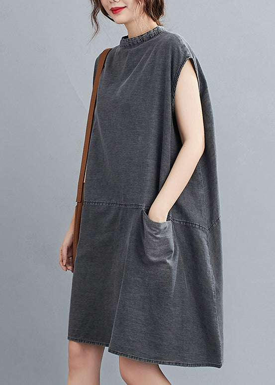Stand Collar Cap Sleeve Front Patch Pocket Shift Mini Dress - View 3