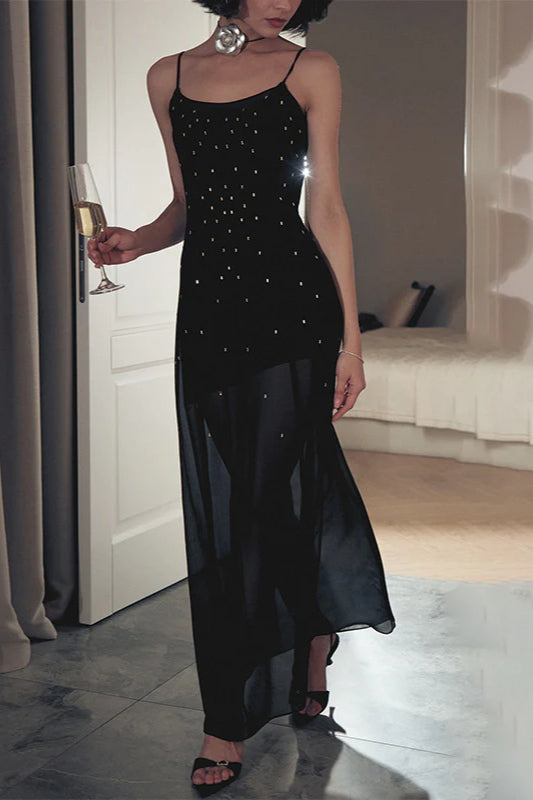 Sparkling Mesh Spliced Cami Long Party Dress - Fashionpara