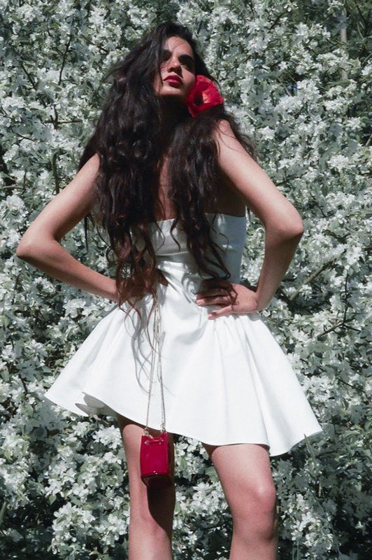 Satin Strapless Corset Fit and Flare Mini Dress